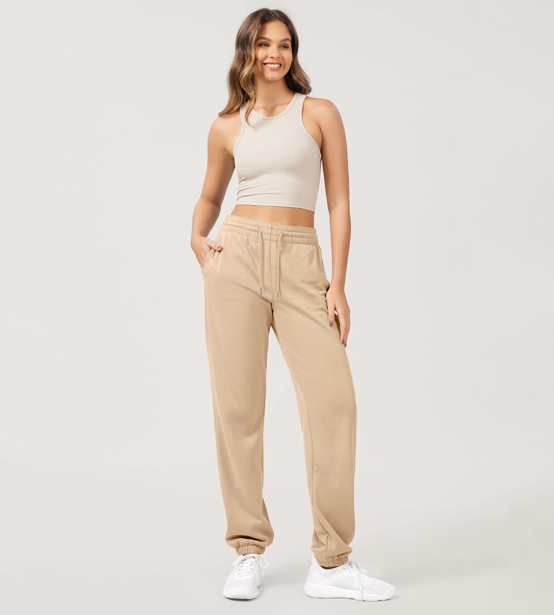 Cotton French Terry High Waist Drawstring Lounge Pants Khaki - ododos