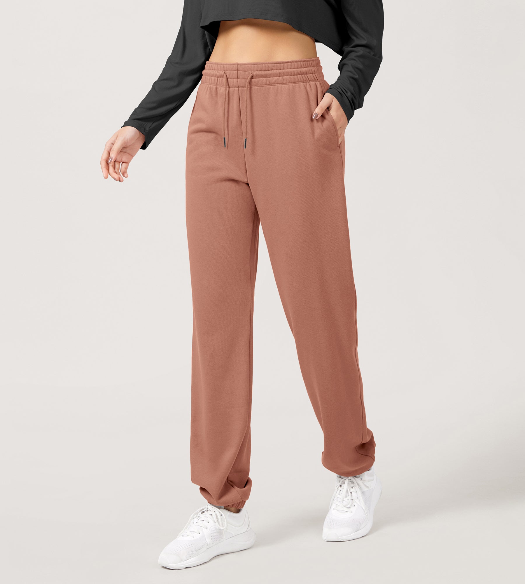 Cotton French Terry High Waist Drawstring Lounge Pants - ododos