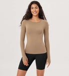 Cloud Feeling Crew Neck Yoga Tee Workout Shirts with Thumb Hole Light Brown - ododos