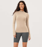 Cloud Feeling Long Sleeve Mock Neck Yoga Shirts with Thumb Hole Beige - ododos