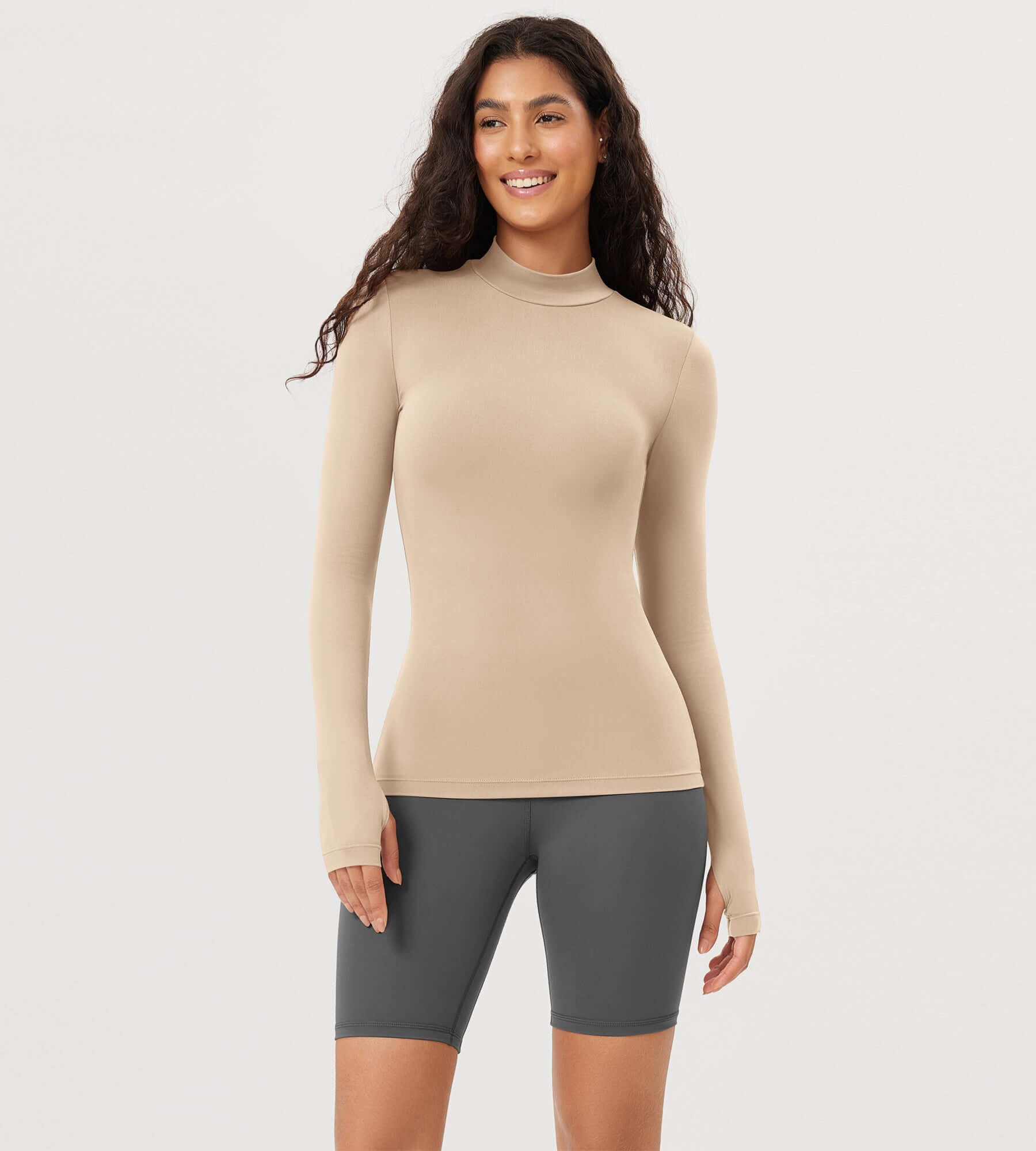 Cloud Feeling Long Sleeve Mock Neck Yoga Shirts with Thumb Hole Beige - ododos