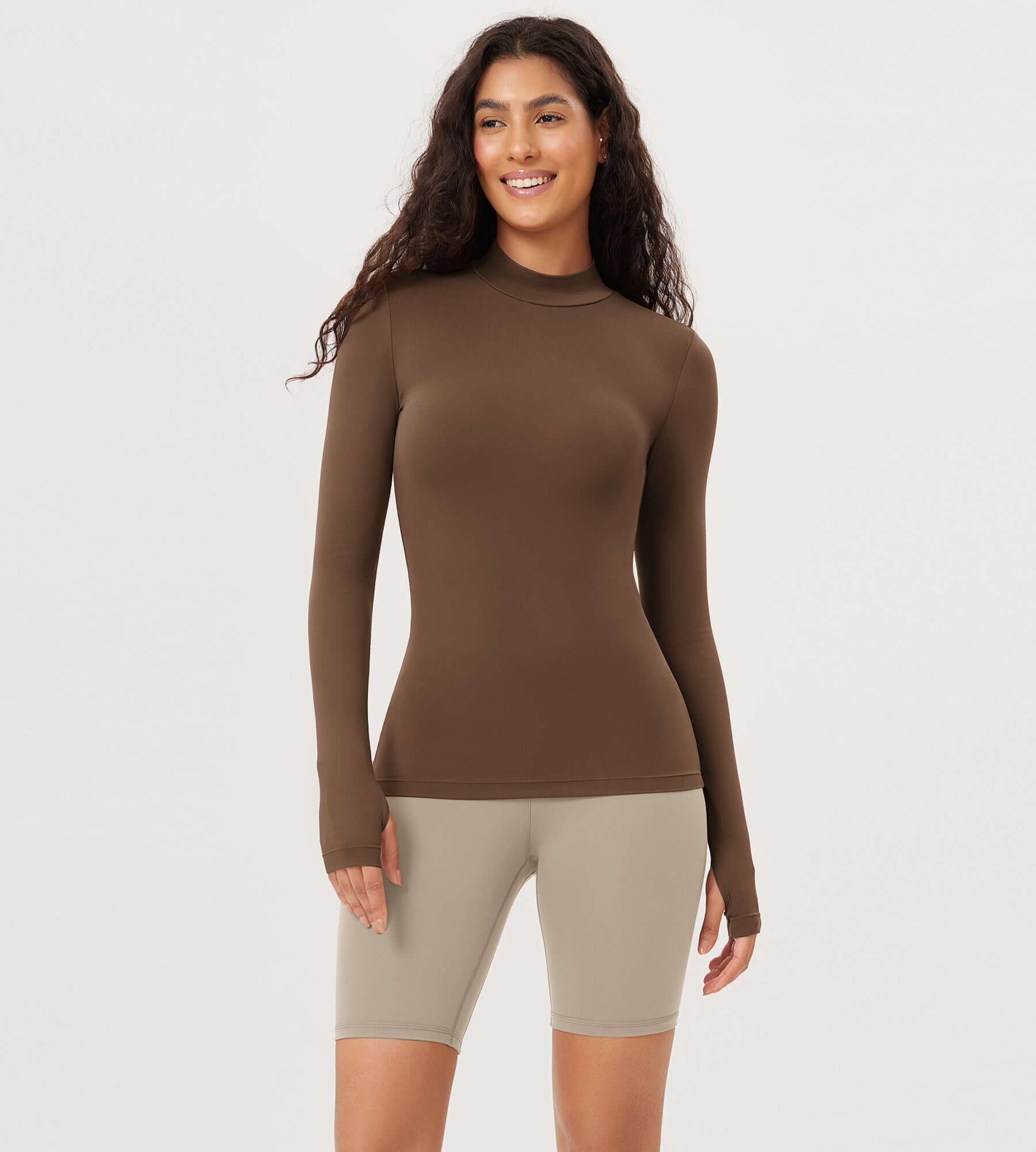 Cloud Feeling Long Sleeve Mock Neck Yoga Shirts with Thumb Hole Brunette - ododos