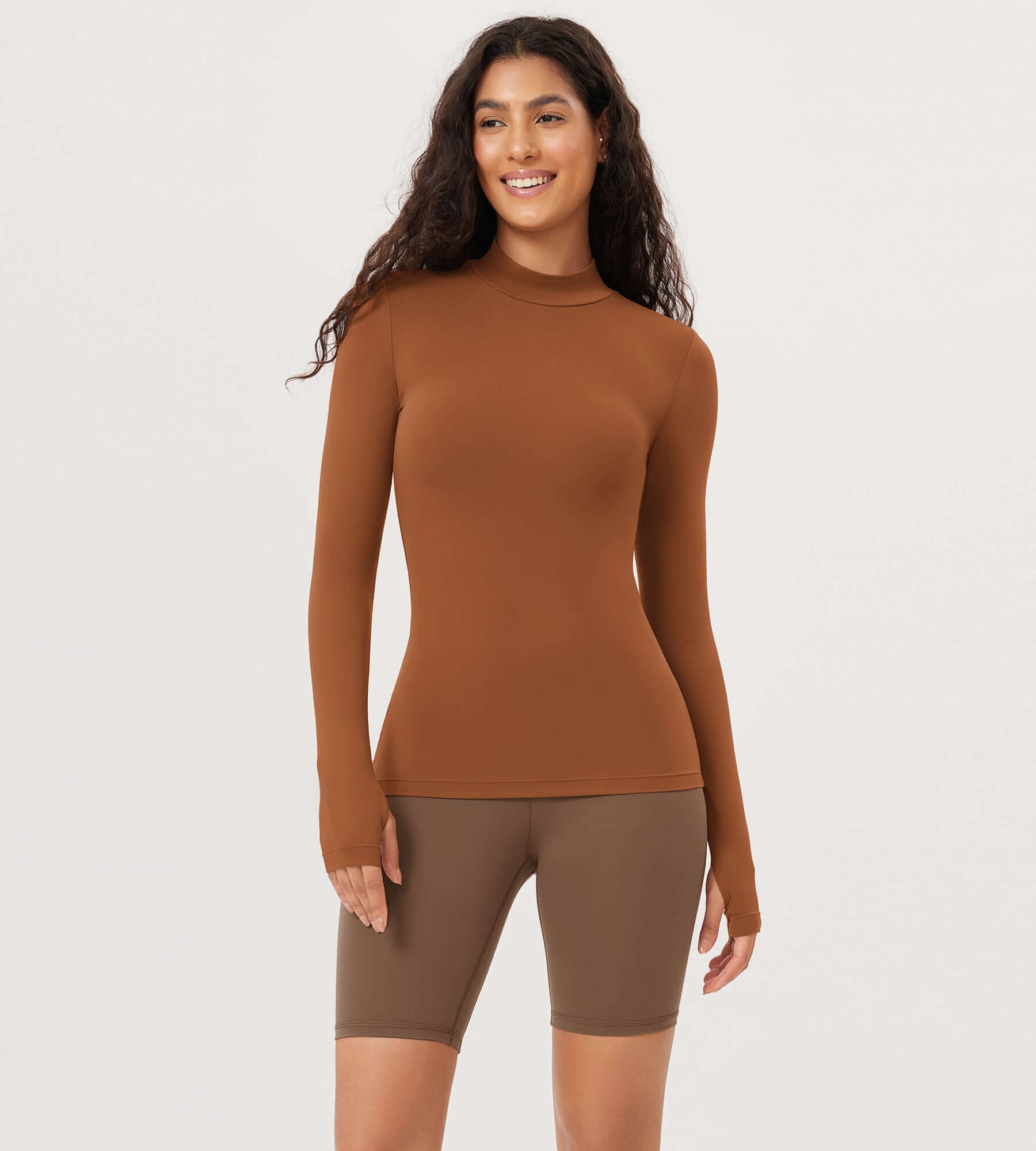 Cloud Feeling Long Sleeve Mock Neck Yoga Shirts with Thumb Hole Caramel - ododos