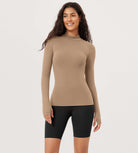 Cloud Feeling Long Sleeve Mock Neck Yoga Shirts with Thumb Hole Light Brown - ododos