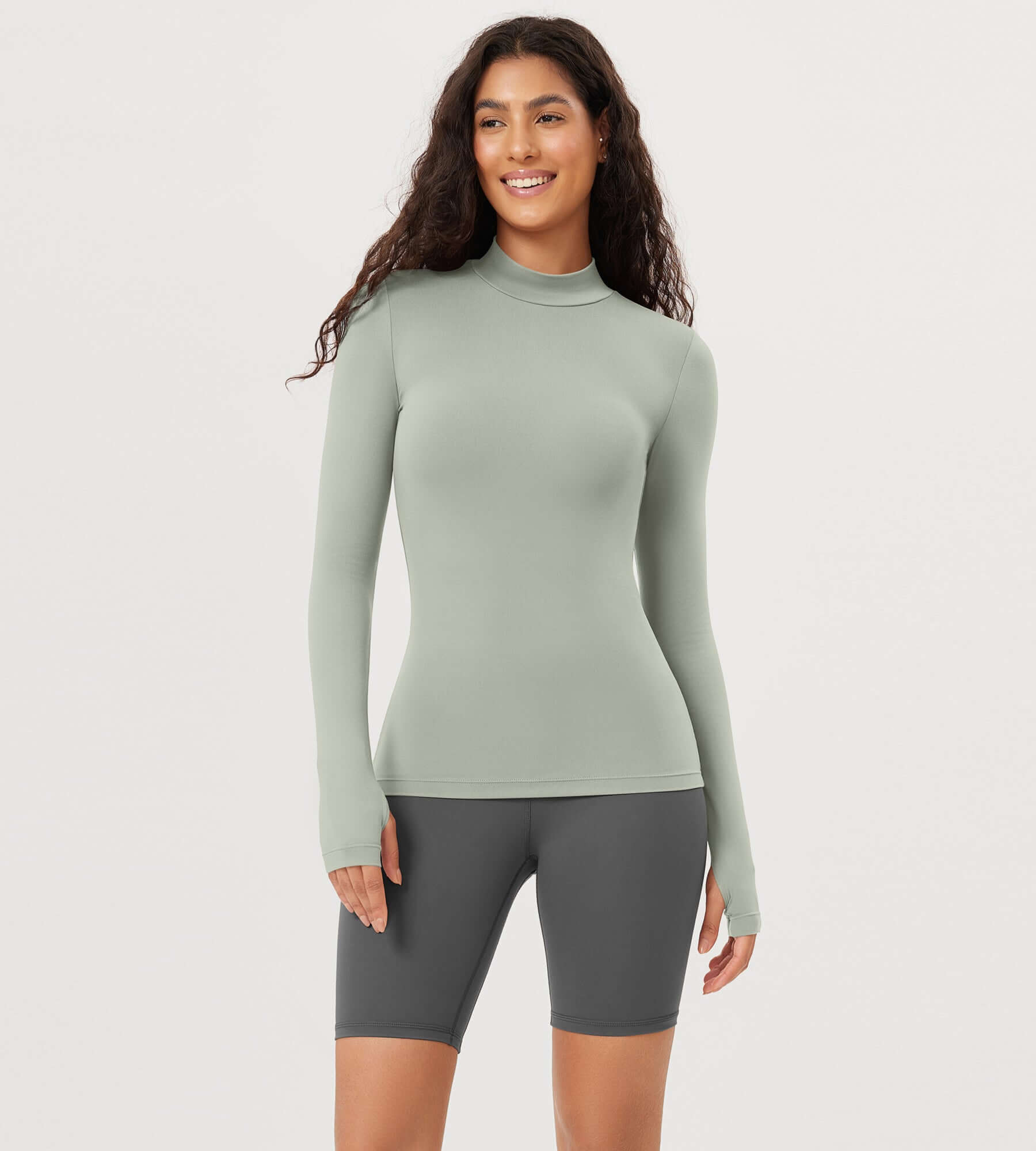 Cloud Feeling Long Sleeve Mock Neck Yoga Shirts with Thumb Hole Lime Stone - ododos