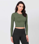 Long Sleeve Crop Athletic Gym Workout Yoga Tee Shirts Dark Olive - ododos