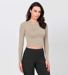 Long Sleeve Crop Athletic Gym Workout Yoga Tee Shirts Shaker Beige - ododos