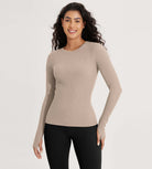 Seamless Long Sleeve Workout Yoga Shirts with Thumb Hole Beige - ododos