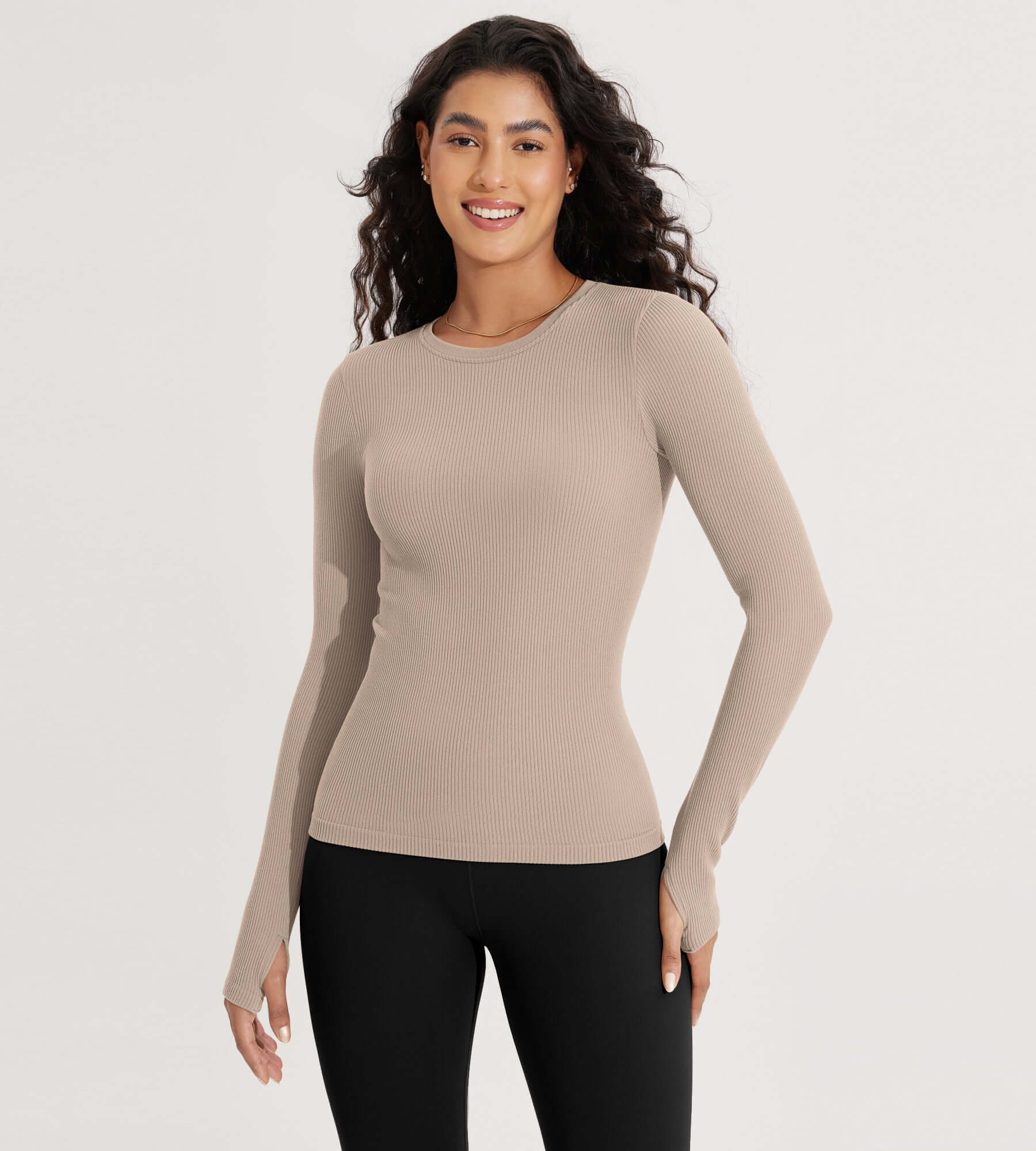 Seamless Long Sleeve Workout Yoga Shirts with Thumb Hole Beige - ododos