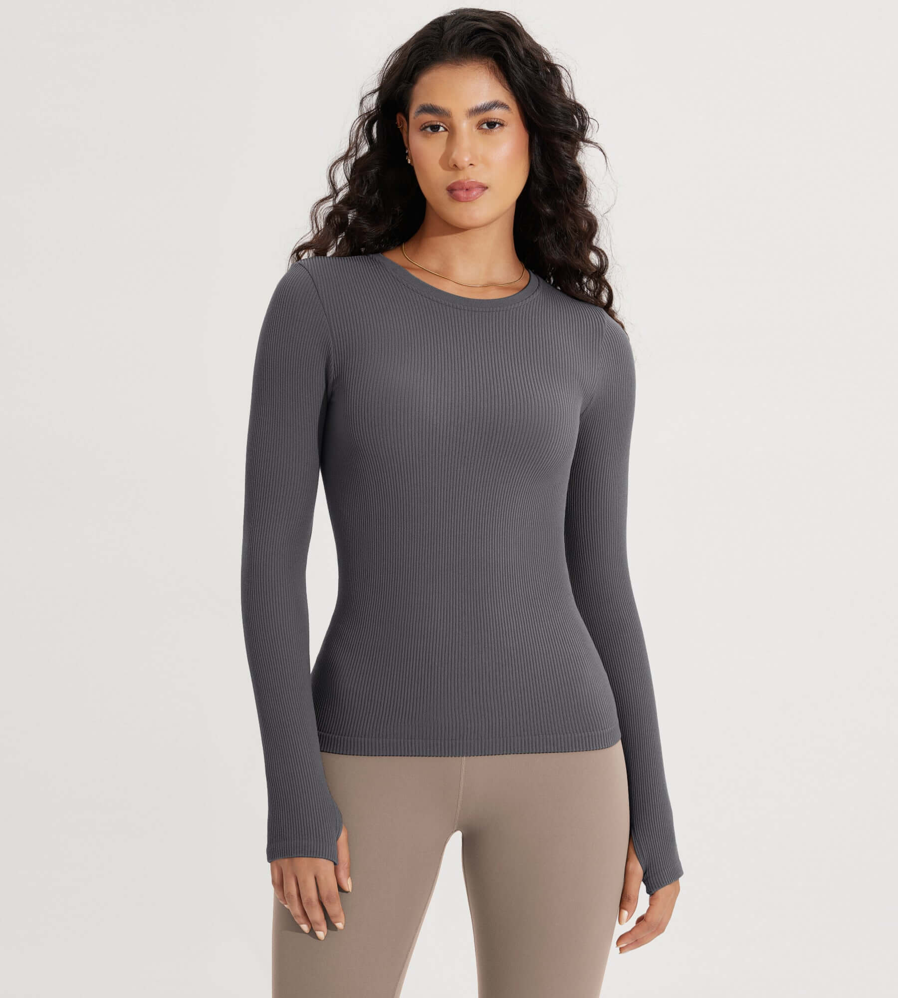 Seamless Long Sleeve Workout Yoga Shirts with Thumb Hole Charcoal - ododos