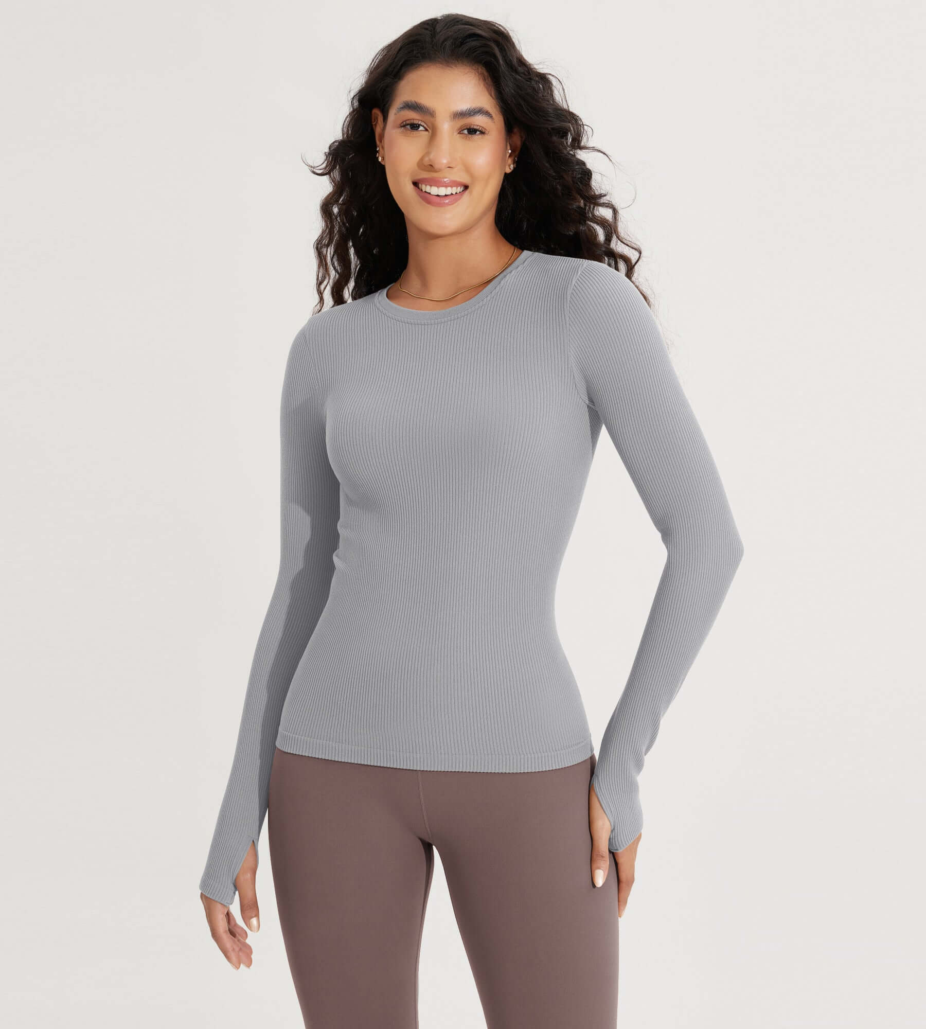 Seamless Long Sleeve Workout Yoga Shirts with Thumb Hole Gray - ododos