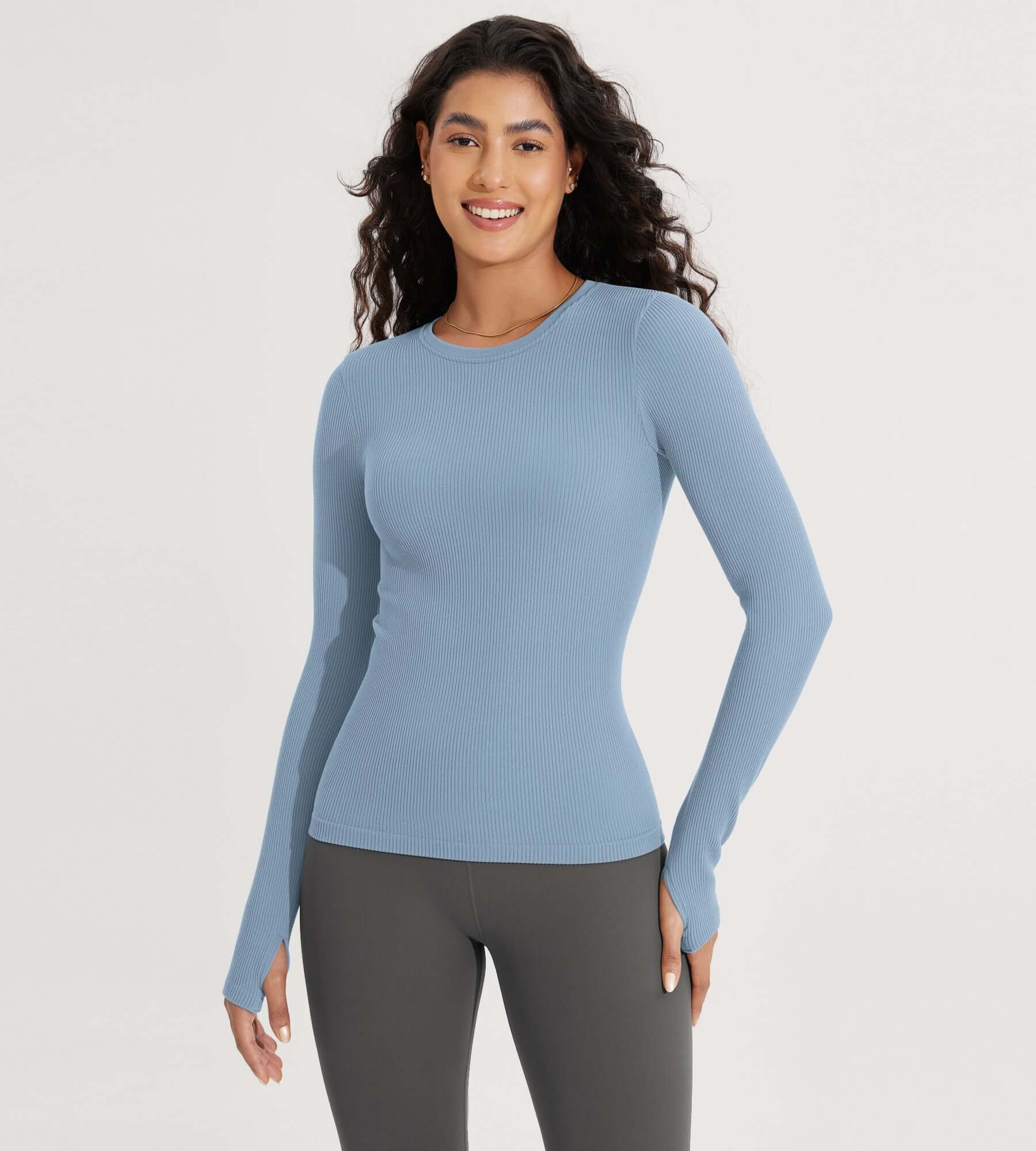 Seamless Long Sleeve Workout Yoga Shirts with Thumb Hole Iceberg - ododos