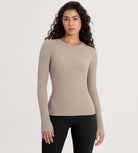 Seamless Long Sleeve Workout Yoga Shirts with Thumb Hole Taupe - ododos