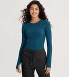 Seamless Long Sleeve Workout Yoga Shirts with Thumb Hole Forest Teal - ododos