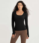 Long Sleeve Round Neck Ribbed Knit Slim Fit Seamless T-Shirts - ododos