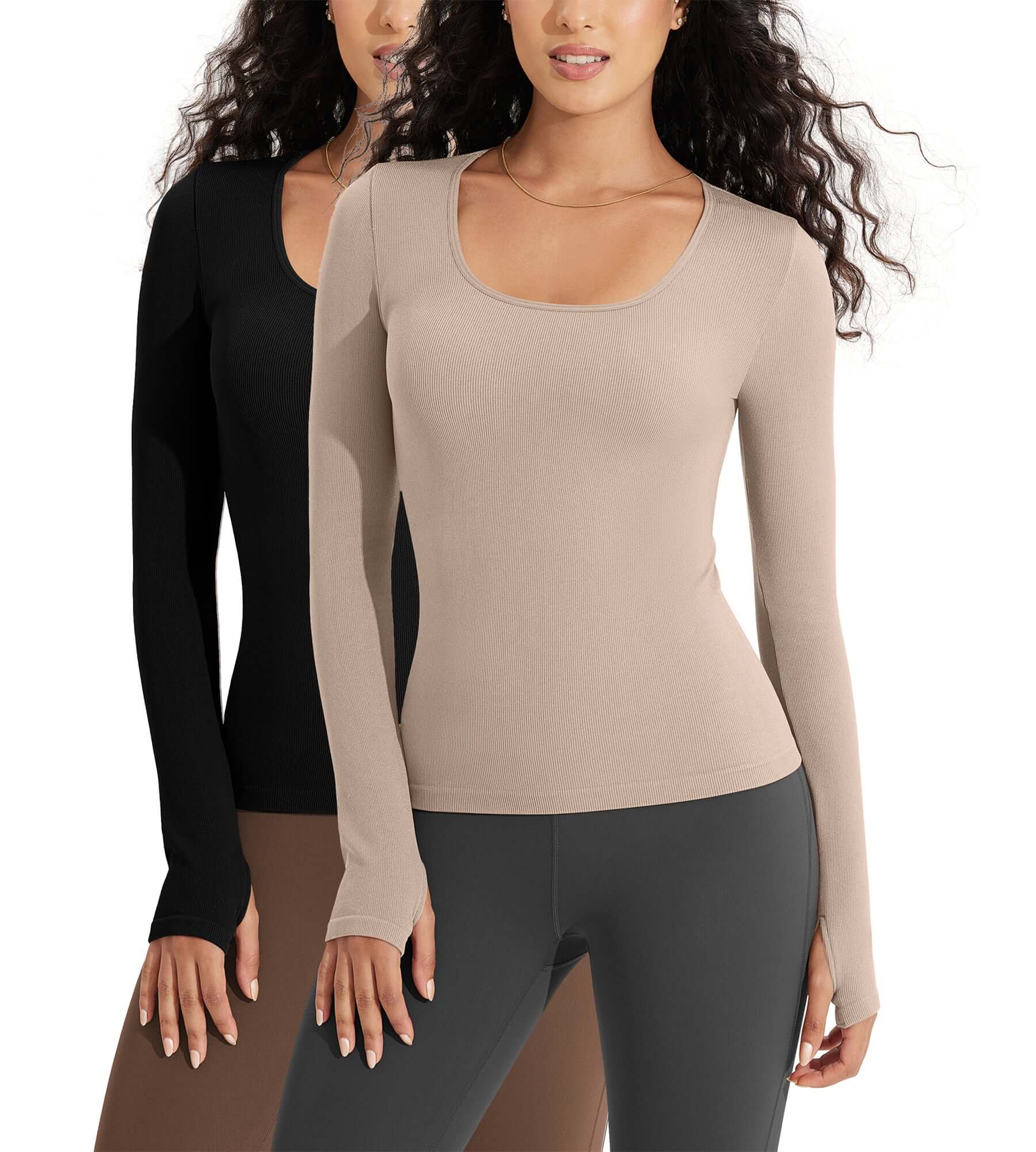 2 PACK Long Sleeve Round Neck Ribbed Knit Slim Fit Seamless T-Shirts Black+Beige - ododos