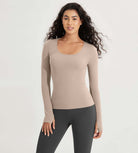 Long Sleeve Round Neck Ribbed Knit Slim Fit Seamless T-Shirts Beige - ododos