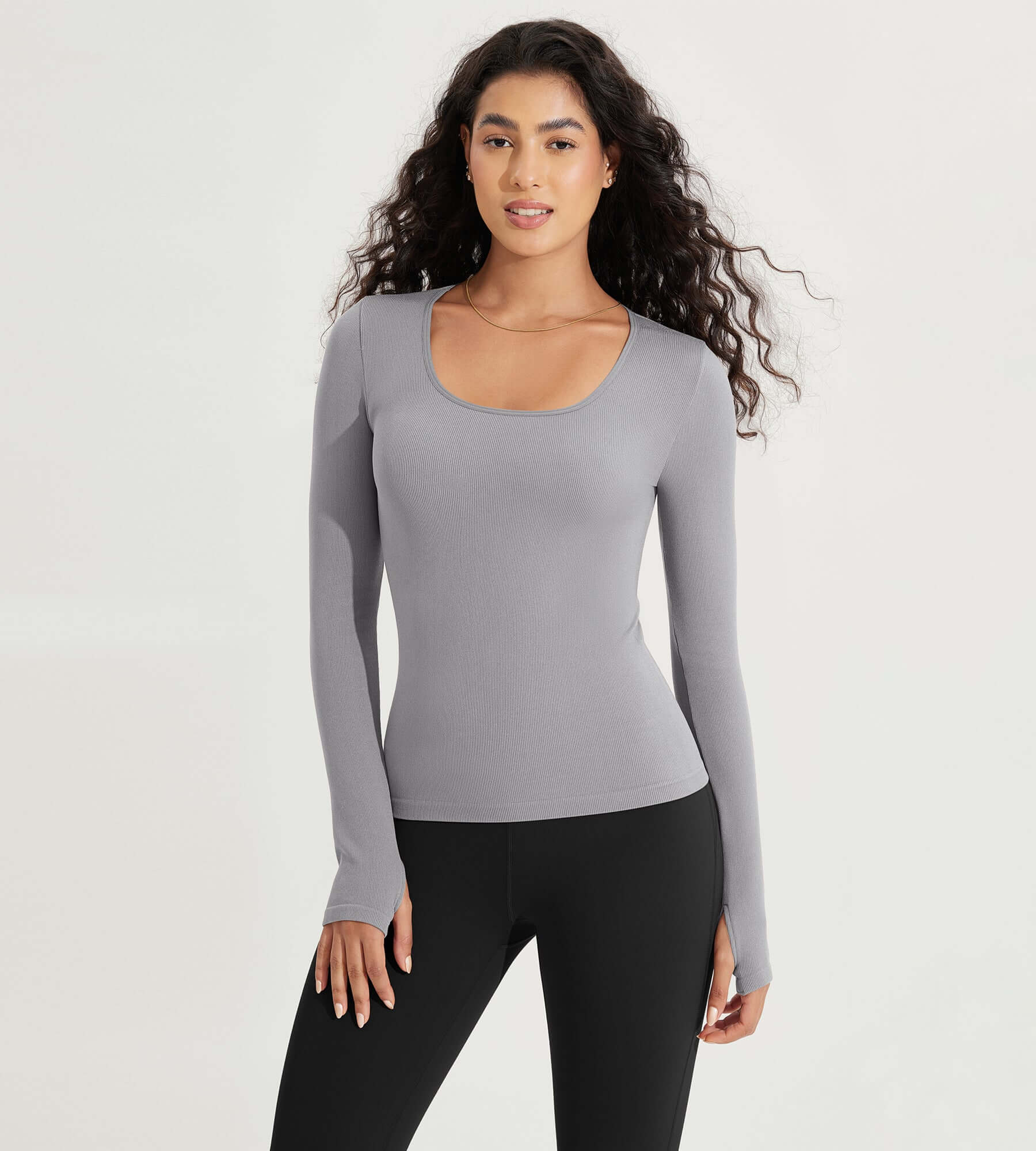 Long Sleeve Round Neck Ribbed Knit Slim Fit Seamless T-Shirts Gray - ododos