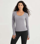 Long Sleeve Round Neck Ribbed Knit Slim Fit Seamless T-Shirts - ododos