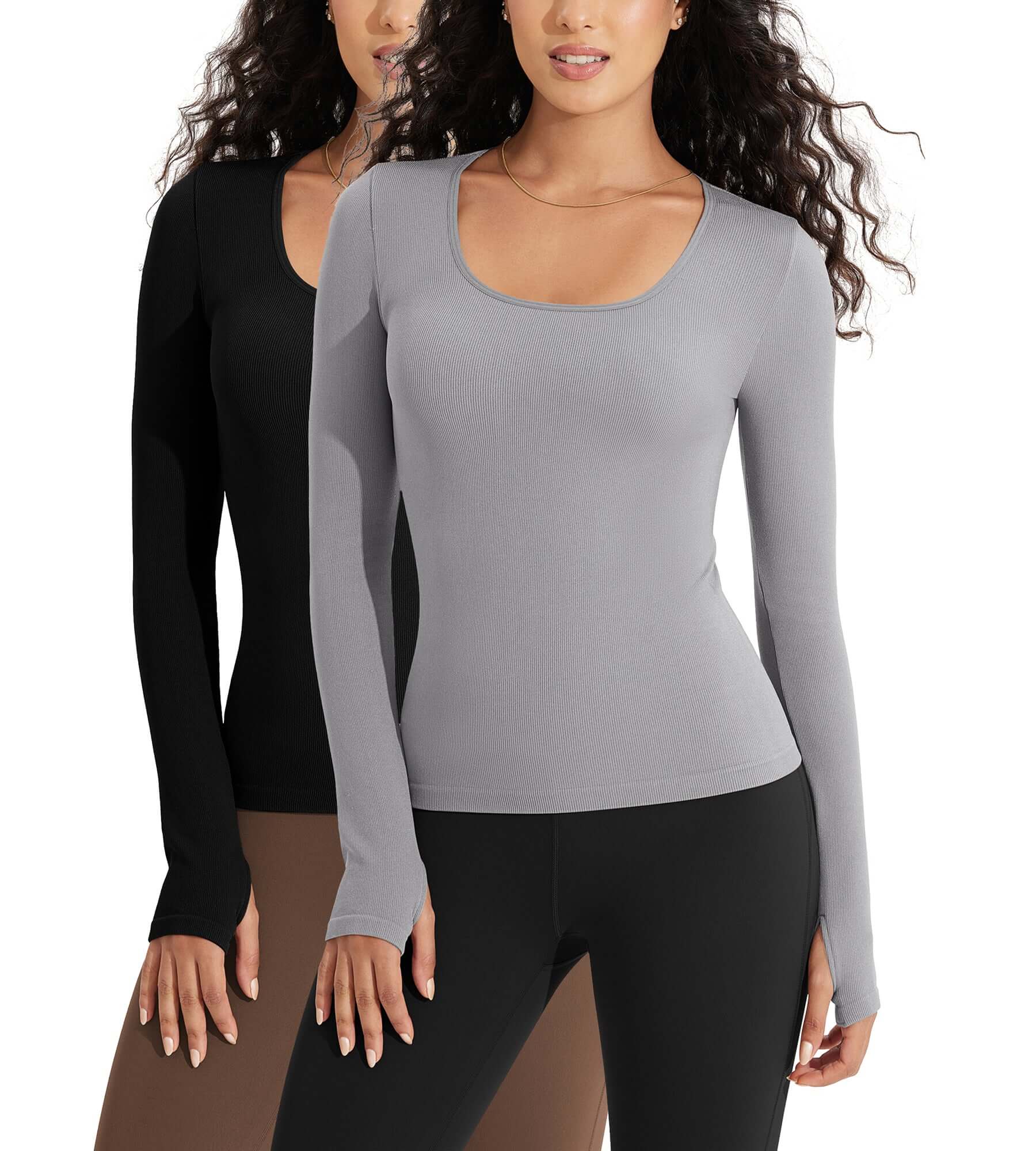 2 PACK Long Sleeve Round Neck Ribbed Knit Slim Fit Seamless T-Shirts Black+gray - ododos