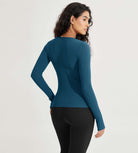 Long Sleeve Round Neck Ribbed Knit Slim Fit Seamless T-Shirts - ododos