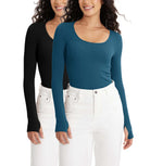 2 PACK Long Sleeve Round Neck Ribbed Knit Slim Fit Seamless T-Shirts - ododos