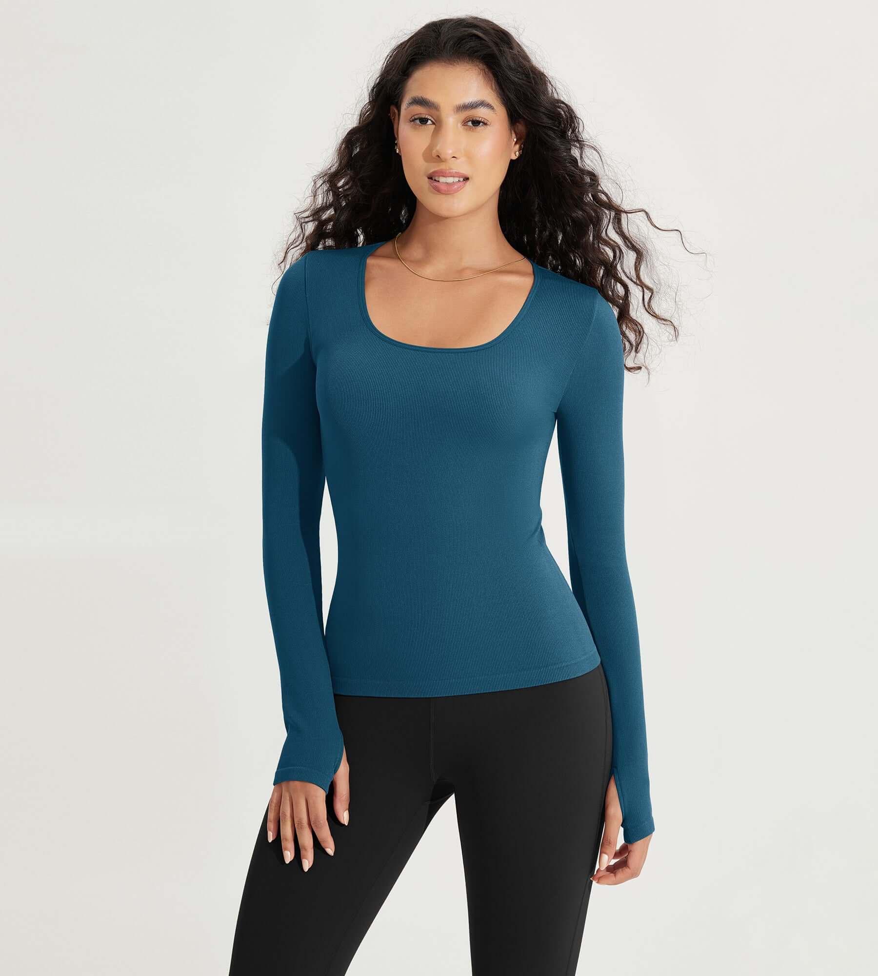 Long Sleeve Round Neck Ribbed Knit Slim Fit Seamless T-Shirts - ododos