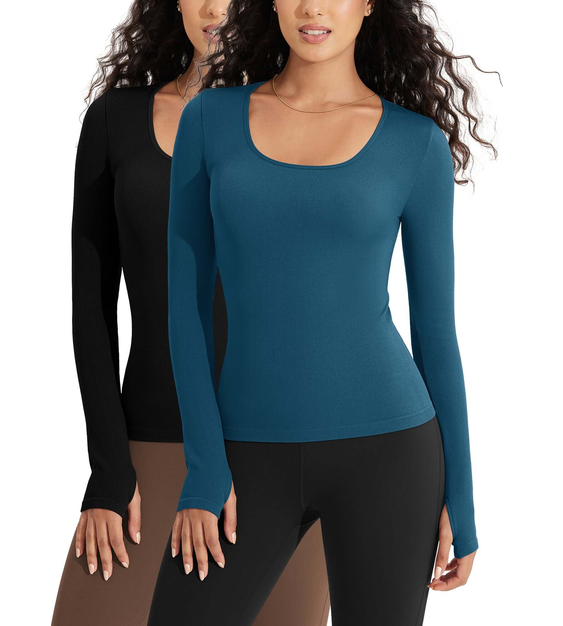 2 PACK Long Sleeve Round Neck Ribbed Knit Slim Fit Seamless T-Shirts Black+Forest Teal - ododos