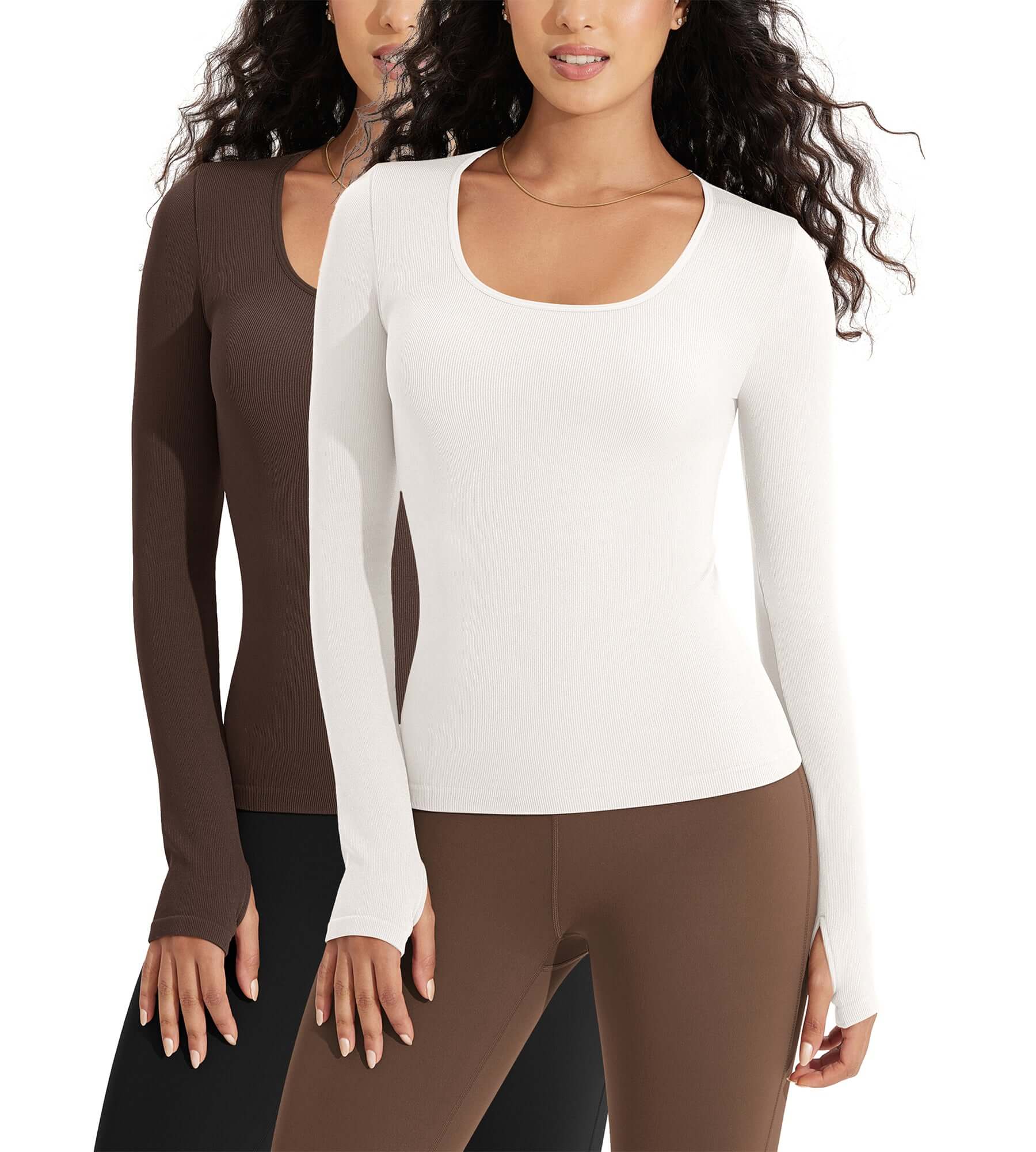 2 PACK Long Sleeve Round Neck Ribbed Knit Slim Fit Seamless T-Shirts Brunette+ivory - ododos