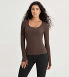 Long Sleeve Round Neck Ribbed Knit Slim Fit Seamless T-Shirts Brunette - ododos