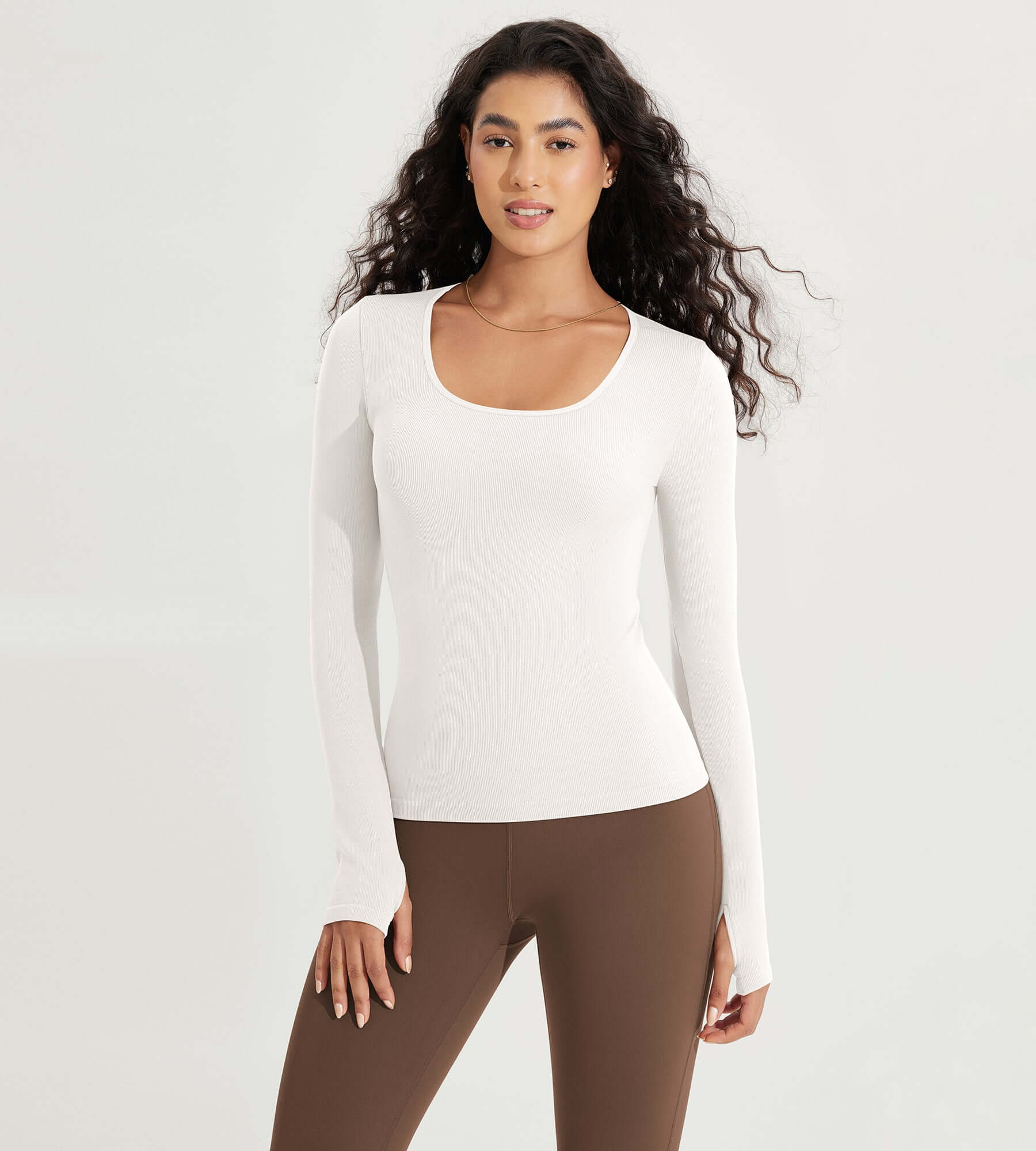 Long Sleeve Round Neck Ribbed Knit Slim Fit Seamless T-Shirts Ivory - ododos