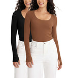 2 PACK Long Sleeve Round Neck Ribbed Knit Slim Fit Seamless T-Shirts Clay+black - ododos