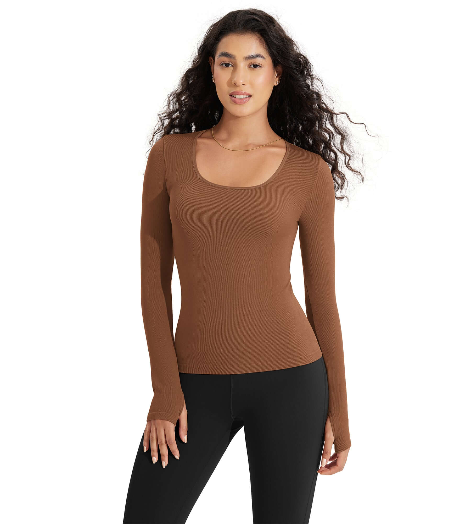 Long Sleeve Round Neck Ribbed Knit Slim Fit Seamless T-Shirts Clay - ododos