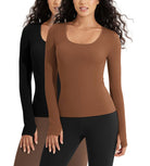 2 PACK Long Sleeve Round Neck Ribbed Knit Slim Fit Seamless T-Shirts - ododos