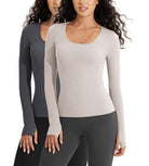 2 PACK Long Sleeve Round Neck Ribbed Knit Slim Fit Seamless T-Shirts Mushroom+charcoal - ododos