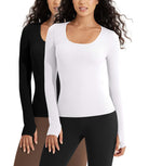 2 PACK Long Sleeve Round Neck Ribbed Knit Slim Fit Seamless T-Shirts White+black - ododos