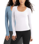 2 PACK Long Sleeve Round Neck Ribbed Knit Slim Fit Seamless T-Shirts White+iceberg - ododos