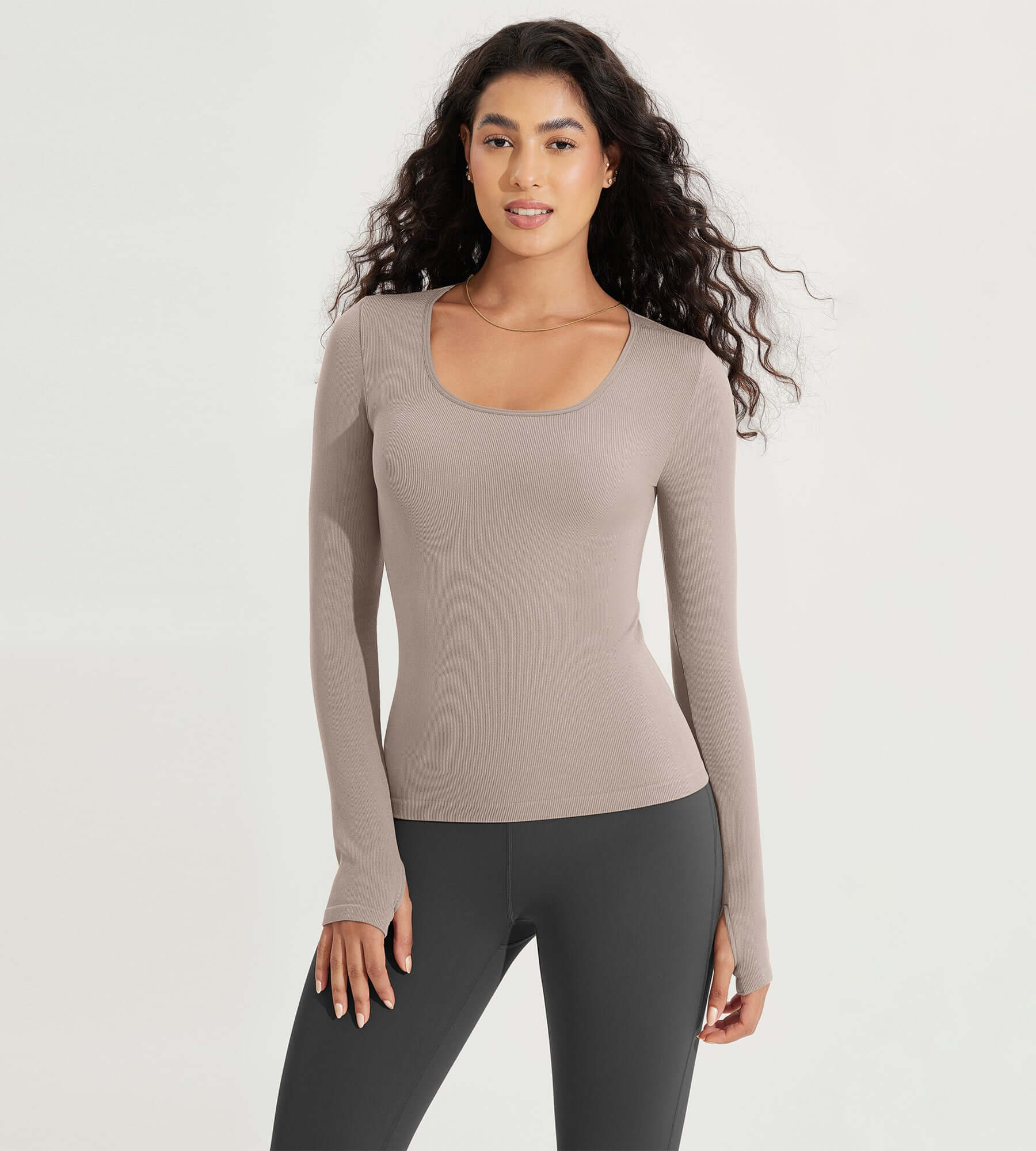 Long Sleeve Round Neck Ribbed Knit Slim Fit Seamless T-Shirts Taupe - ododos