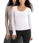 2 PACK Long Sleeve Round Neck Ribbed Knit Slim Fit Seamless T-Shirts White+taupe - ododos