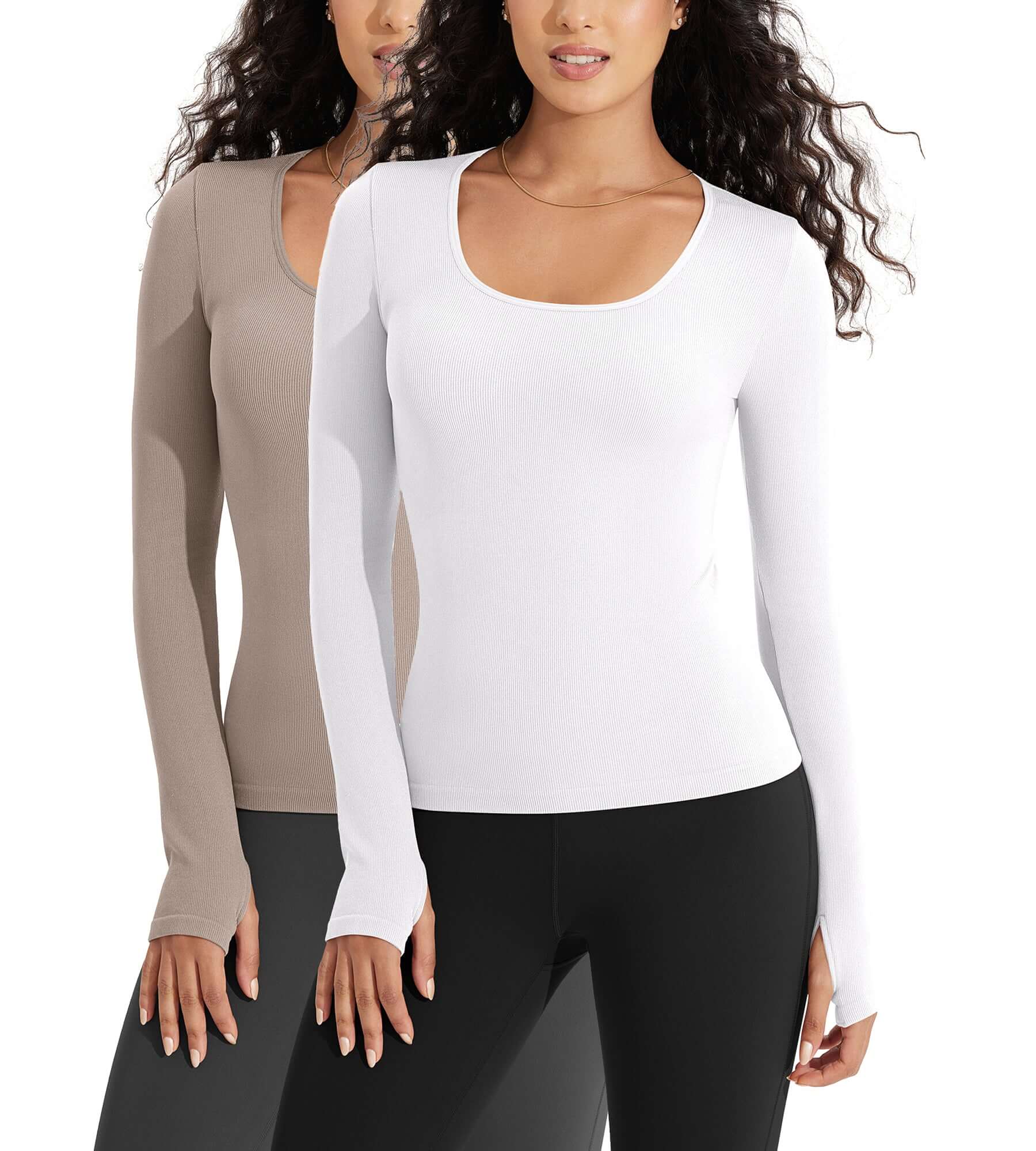 2 PACK Long Sleeve Round Neck Ribbed Knit Slim Fit Seamless T-Shirts White+taupe - ododos