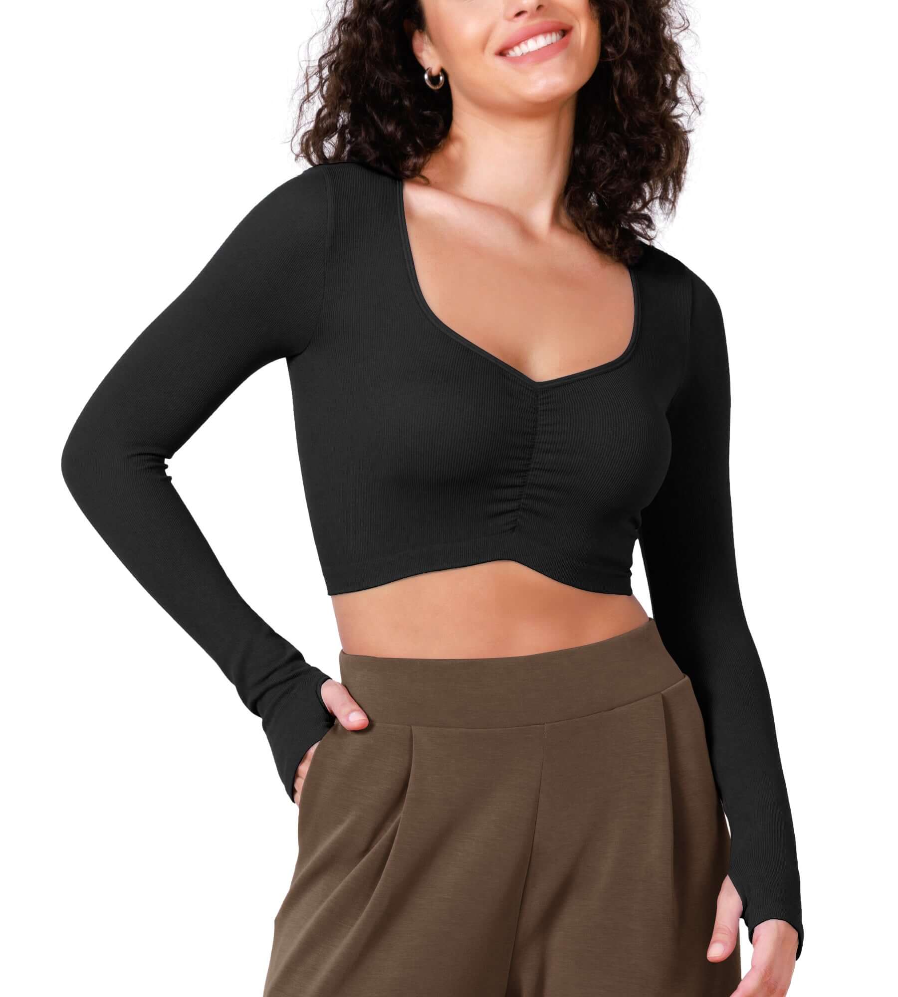 Long Sleeve Ruched Front Seamless Ribbed Cropped Top - ododos