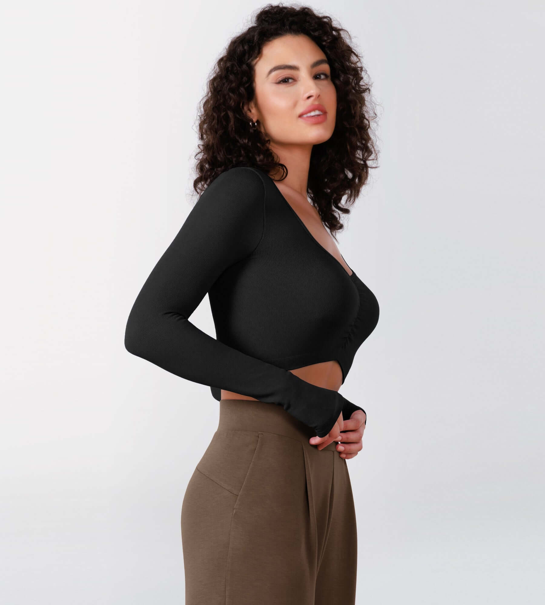 Long Sleeve Ruched Front Seamless Ribbed Cropped Top - ododos