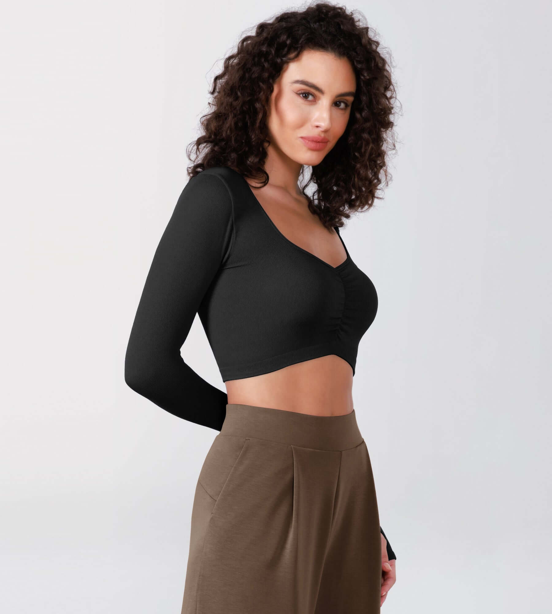 Long Sleeve Ruched Front Seamless Ribbed Cropped Top - ododos