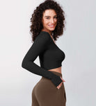 Long Sleeve Ruched Front Seamless Ribbed Cropped Top - ododos