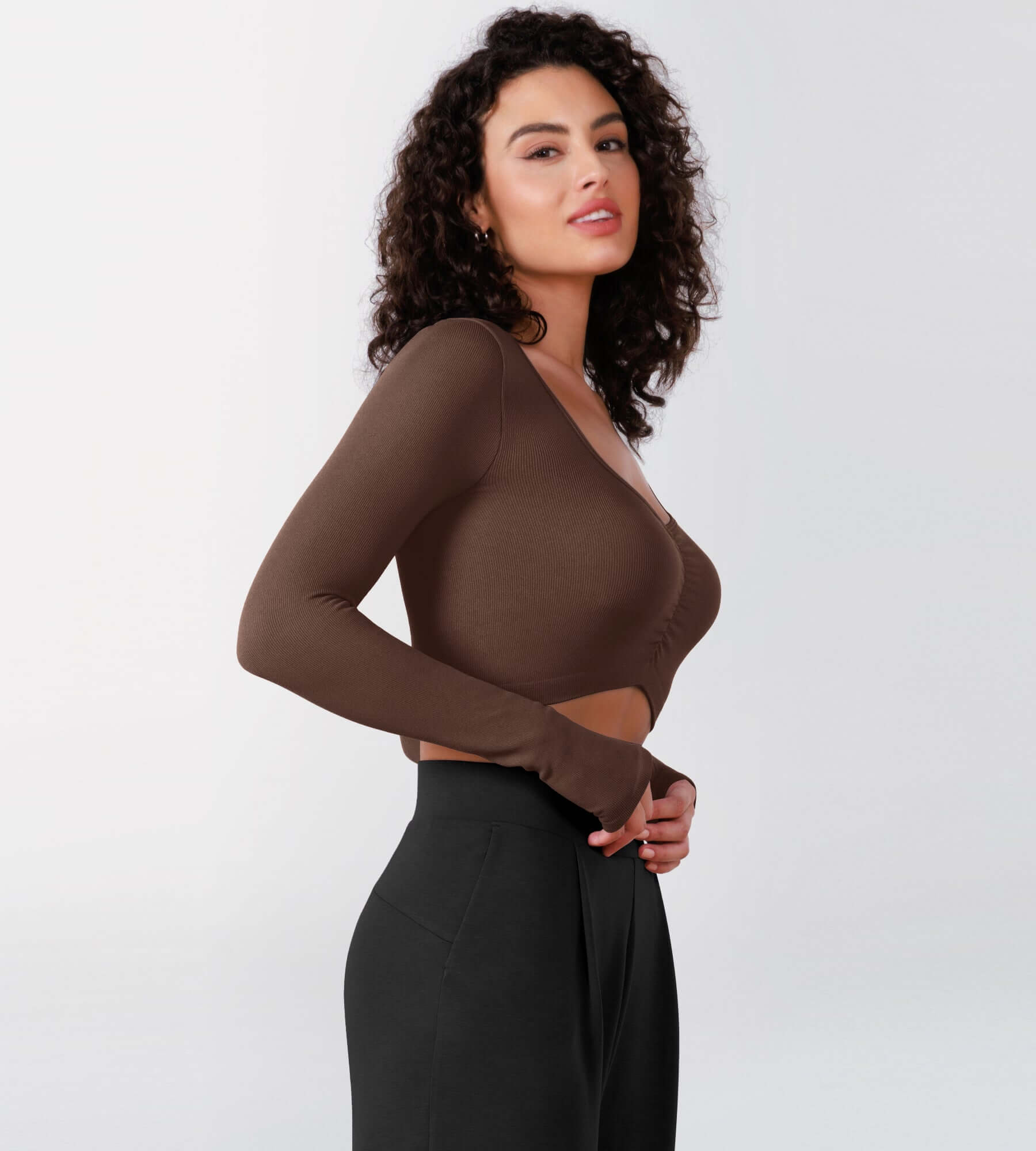 Long Sleeve Ruched Front Seamless Ribbed Cropped Top Brunette - ododos