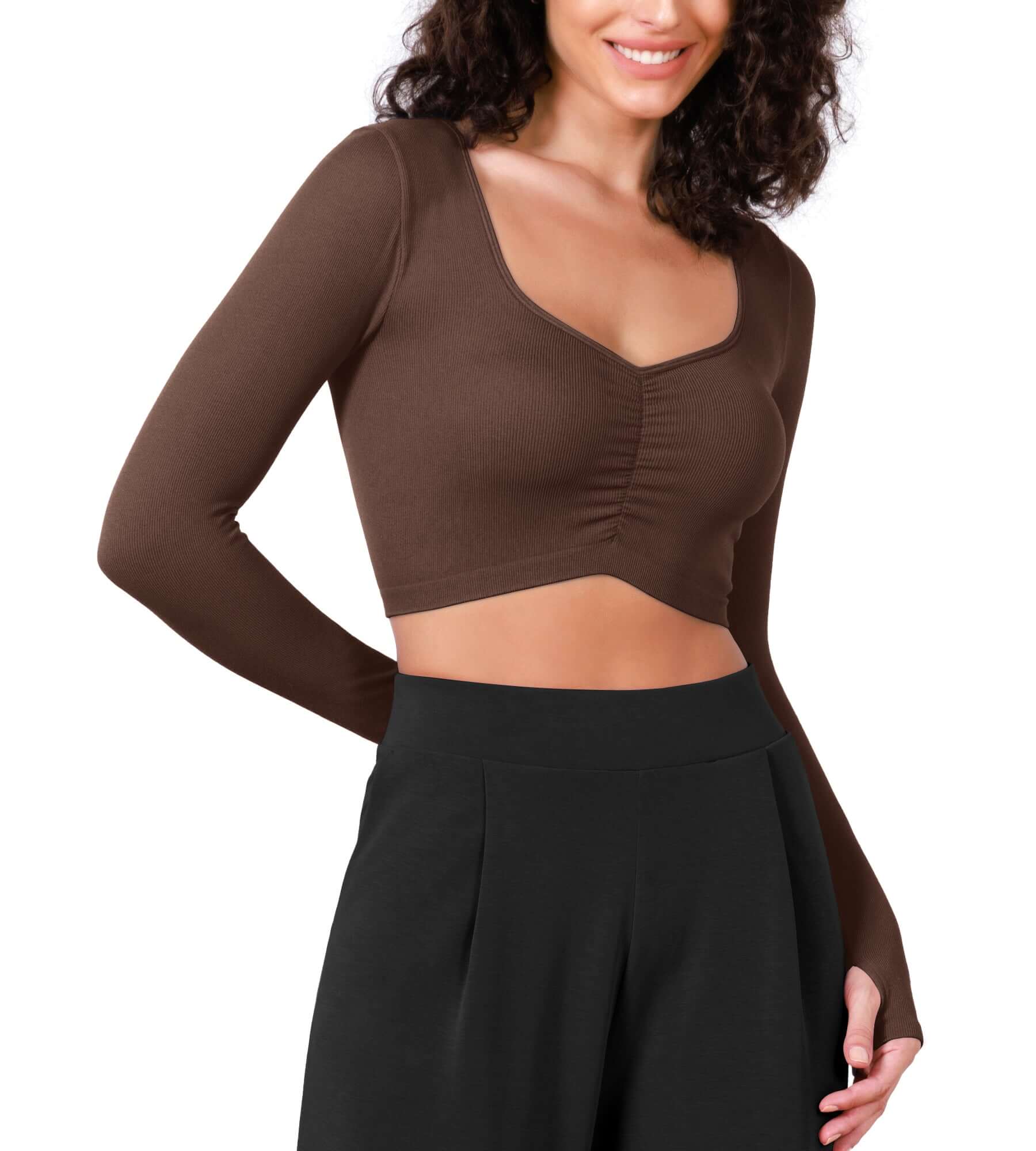 Long Sleeve Ruched Front Seamless Ribbed Cropped Top - ododos