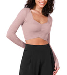 Long Sleeve Ruched Front Seamless Ribbed Cropped Top - ododos