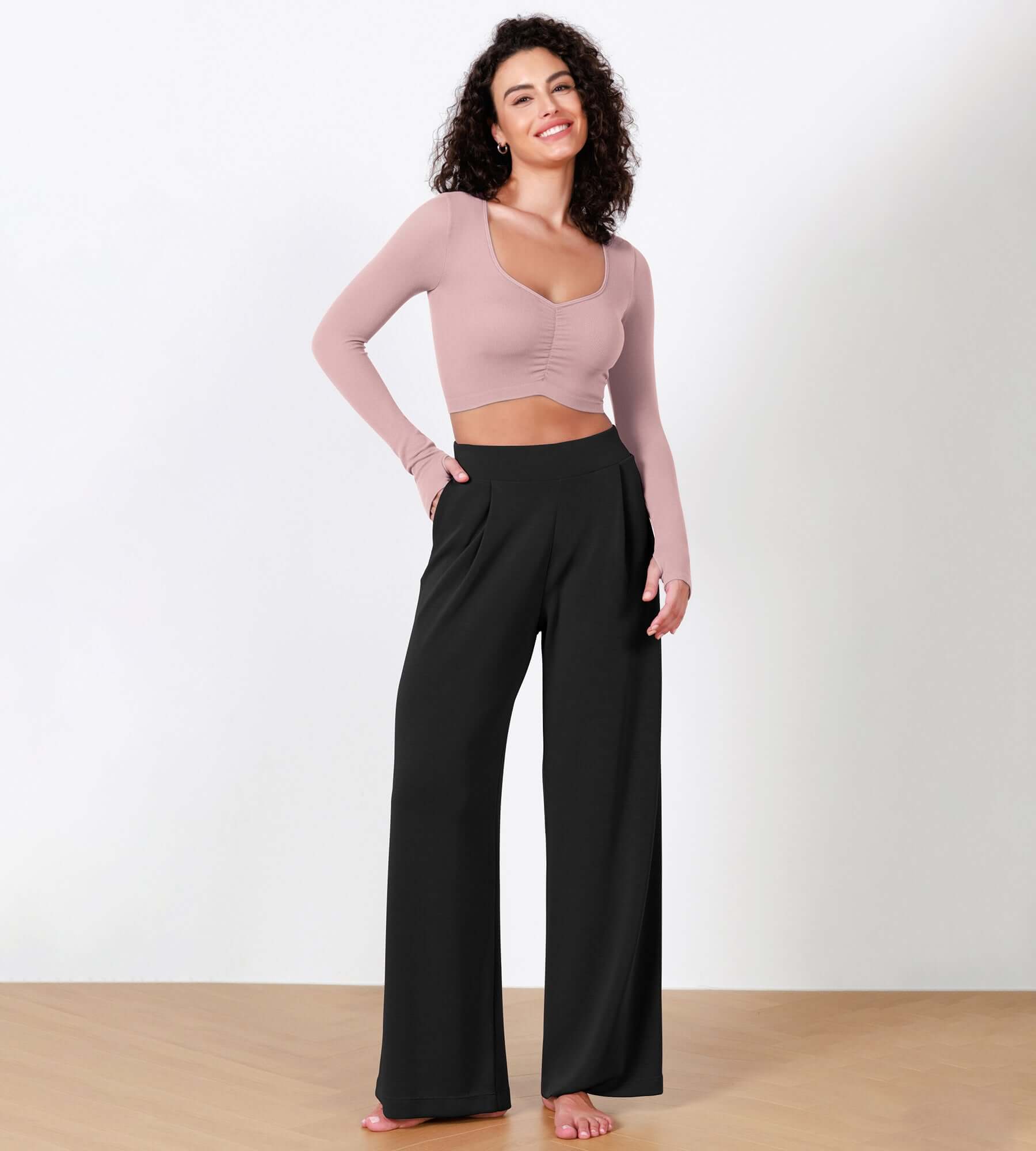 Long Sleeve Ruched Front Seamless Ribbed Cropped Top - ododos