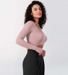 Long Sleeve Ruched Front Seamless Ribbed Cropped Top Dusty Pink - ododos