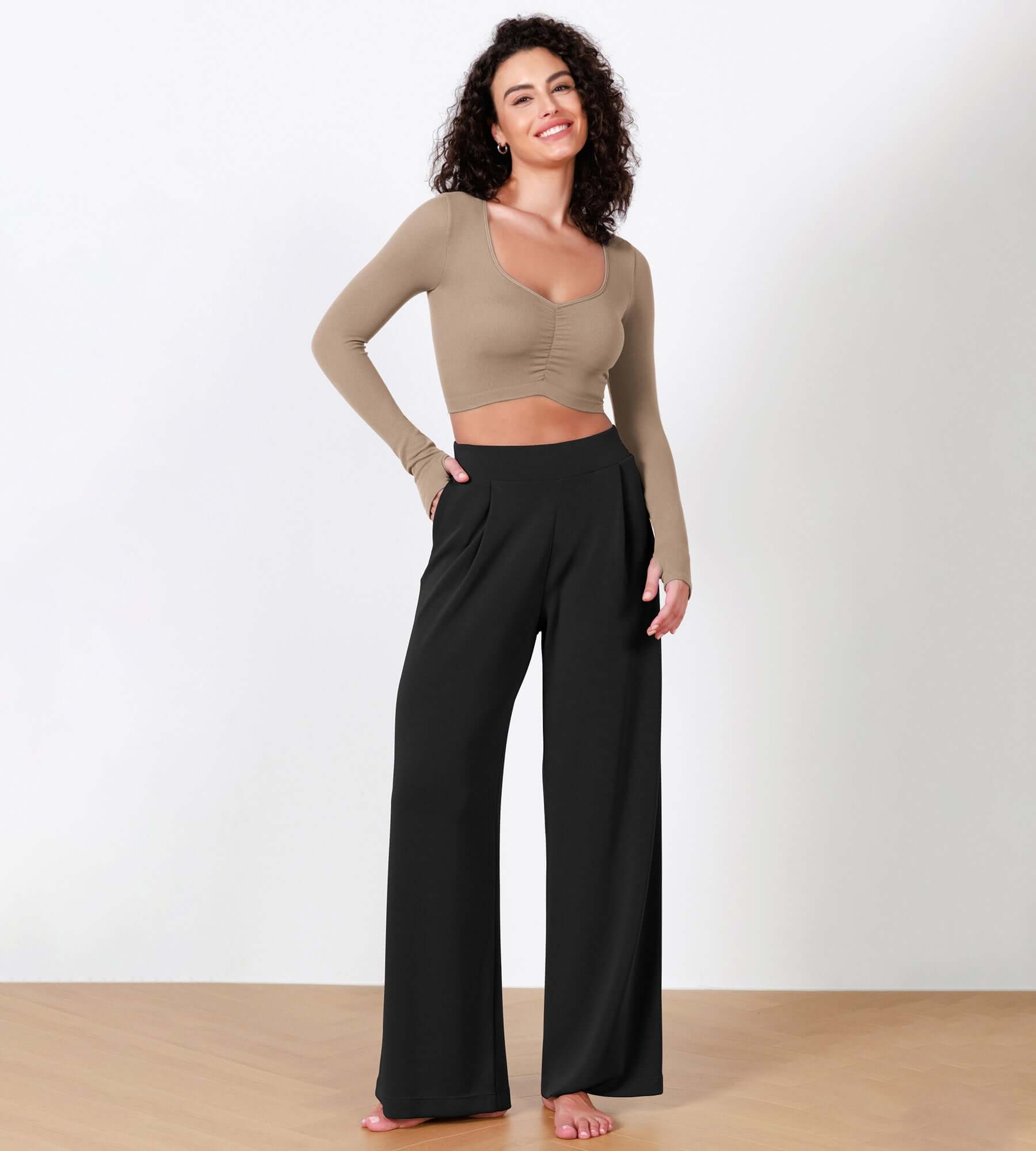 Long Sleeve Ruched Front Seamless Ribbed Cropped Top - ododos